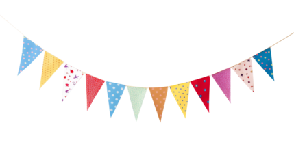 Colorful bunting garland with various patterns. Ideal for celebrations, parties, and festive decorations. Adds a cheerful and vibrant touch to any event.  isolated on transparent background.