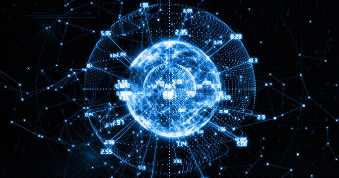 Image of globe with numbers rotating over binary codes and programming language