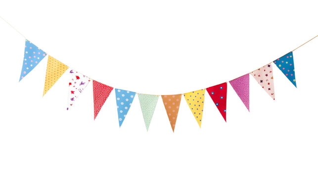 Colorful bunting garland with various patterns. Ideal for celebrations, parties, and festive decorations. Adds a cheerful and vibrant touch to any event.  isolated on transparent background.