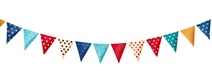 Colorful festive bunting flags with various patterns on a white background. Ideal for celebrations, parties, and holiday decorations.  isolated on transparent background.