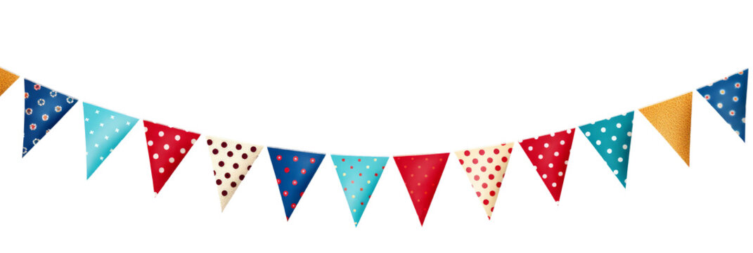 Colorful festive bunting flags with various patterns on a white background. Ideal for celebrations, parties, and holiday decorations.  isolated on transparent background.