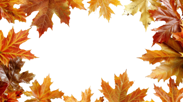 Colorful autumn leaves frame with black background, perfect for seasonal designs and fall-themed projects.  isolated on transparent background.