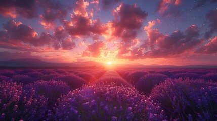 Majestic lavender fields under a vivid sunset sky with soft clouds and radiant colors
