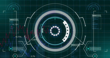 Image of radar and computer language over multiple graphs moving on grid background