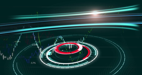 Image of radar and multiple graphs with numbers moving on grid background