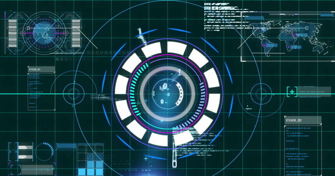 Image of radar and computer language moving on grid background