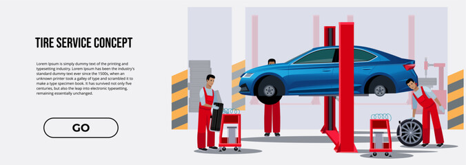 Workers in car service tire service and car repair vector illustration