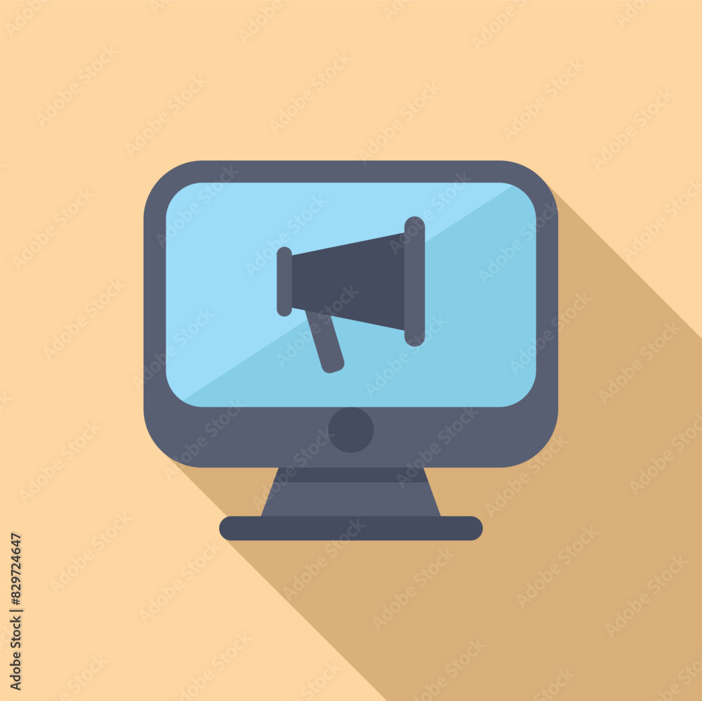 Poster modern flat design icon featuring a computer monitor with a loudspeaker symbol, on a beige backgroun