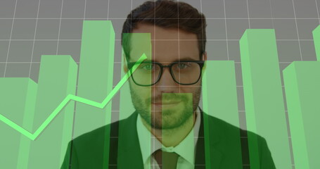 Image of graphs and grid pattern over close up of smiling caucasian man against white background