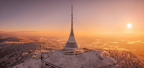 Jested mountain with modern hotel and TV transmitter. Liberec, Czech Republic