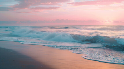 Serene coastal sunrise with gentle waves and pink sky