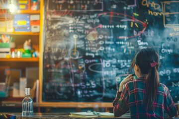 A young woman sits facing a chalkboard covered in handwritten notes, contemplating a complex problem