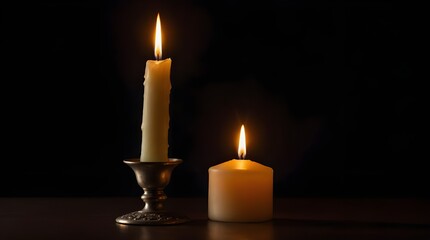 A single candle in a still life with a warm glow against a black background was photographed in high definition using a 70mm lens.