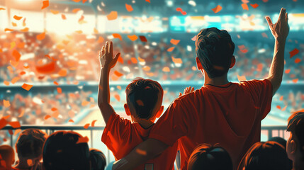 Father and children in front of crowd at sports event