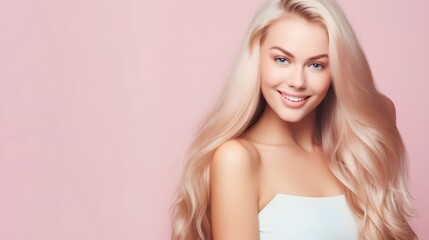 Naklejka premium Beautiful blonde woman with long hair smiling on pink background. Generative AI.