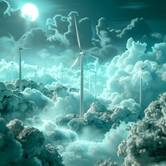 A beautiful landscape of wind turbines in a field of clouds