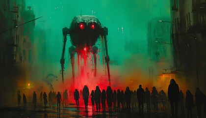 A giant, menacing robot towers over a crowd of terrified people in a futuristic city.