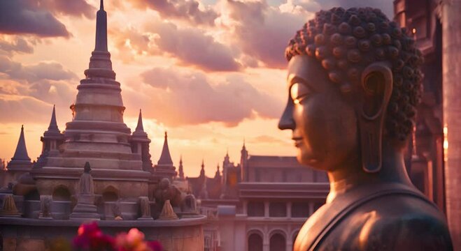 Vesak day concept: Silhouette of Buddha with a blurred travel tourist attraction in Thailand - Asia on a golden temple sunset background