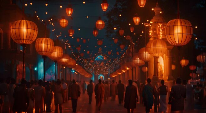 Vesak festival celebrations in Sri Lanka, with colorful lanterns, processions, and devout Buddhists engaging in religious rituals and acts of generosity