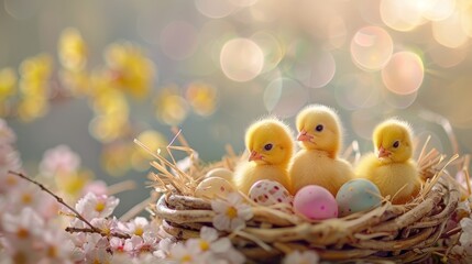 Chicks in a nest surrounded by colorful decorated Easter eggs with a soft bokeh background. Generative Ai.