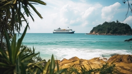 Naklejka premium A large yacht sails on the sea in the morning sun, a tropical island with palm trees. AI generated.