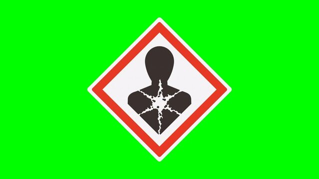 Appearance of white and red diamond shaped symbol with black mutagenic material danger pictogram on green background, transparent background and alpha channel in flat style