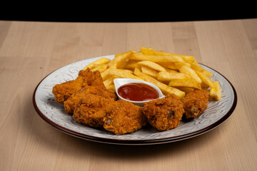 Top view of crispy French fries and chicken tenders with ketchup on a white plate