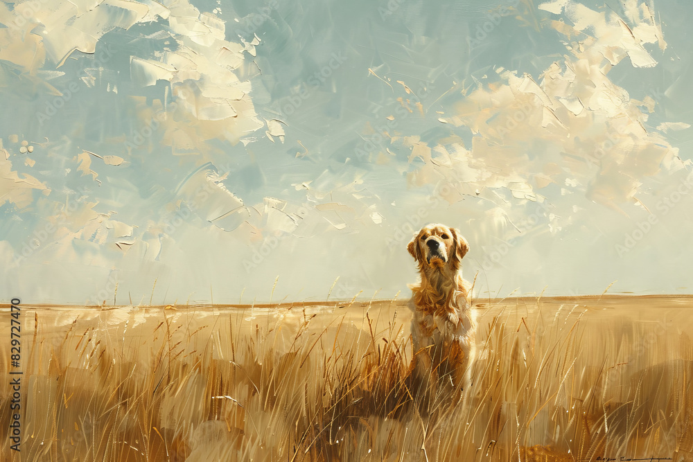 Wall mural Golden retriever dog in a golden field under a blue sky painting