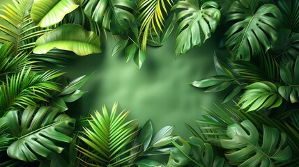 This image shows an assortment of vibrant tropical leaves with a dark green backdrop providing a natural and lush feel