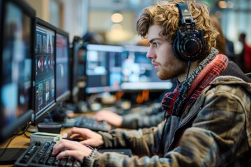 Young Man Editing Video Content in High-Tech Studio