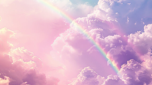 Dreamy pastel pink sky with clouds and rainbow