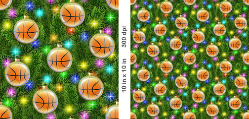 Christmas Basketball seamless tileable pattern. Realistic Christmas tree and light pattern with Basketball balls as Christmas decoration. Wallpaper, background, wrapping paper.