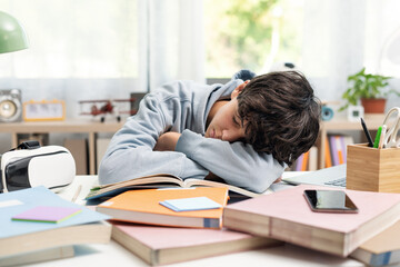Tired student sleeping at his desk