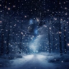 Snow falling at night in a snowy dark forest. Generative AI.