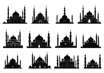 Collection of Mosque silhouette vector element on a white background