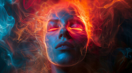 Abstract face with fire and smoke, representing brain activity.