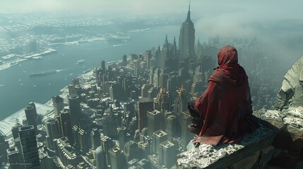 A lone figure in a red cloak sits on a rooftop overlooking a futuristic city. - Powered by Adobe