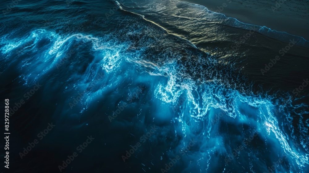 Poster from a birds eye view the bioluminescent waves create a mesmerizing pattern giving the illusion of a