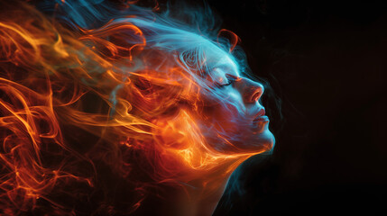 Abstract face with fire and smoke, representing brain activity.