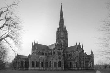 Iconic Salisbury Cathedral in the UK, in grayscale