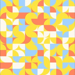 a pattern consisting of overlapping geometric shapes and lines, in yellow, orange, pink