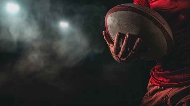 a rugby player's hand gripping a rugby ball on green grass inside a stadium, with ample space for copy text, in a digital presentation format.