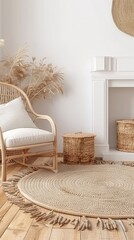 a living room with a white wall, a wooden armchair, and burning firewood on a coffee table, creating a cozy atmosphere.