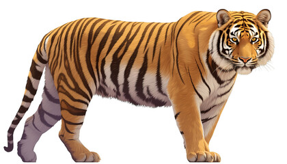 Fototapeta premium A majestic tiger standing proudly with its striking orange fur and black stripes, looking directly at the camera with intense eyes.