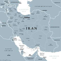 Obraz premium Iran with provinces, gray political map, with borders, capital Tehran and major cities. The Islamic Republic of Iran, also known as Persia, a country in West Asia, divided into 31 provinces. Vector