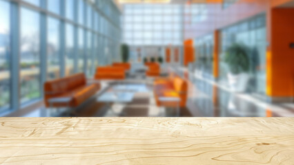 Wooden table top set against a blurred background of a modern contemporary hotel lobby, offering ample space for advertising product displays and presentations on the table.