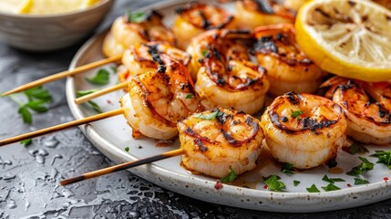 Sumptuous grilled shrimp tastefully presented on a clean, sophisticated white plate