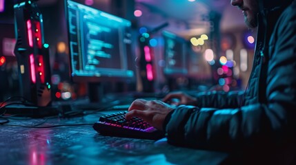 A man is typing on a keyboard in front of a computer monitor