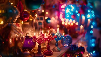 6. "Document the creativity of Hanukkah decorations with colorful images of dreidels, menorahs, and festive ornaments adorning homes and public spaces, accompanied by text descriptions highlighting