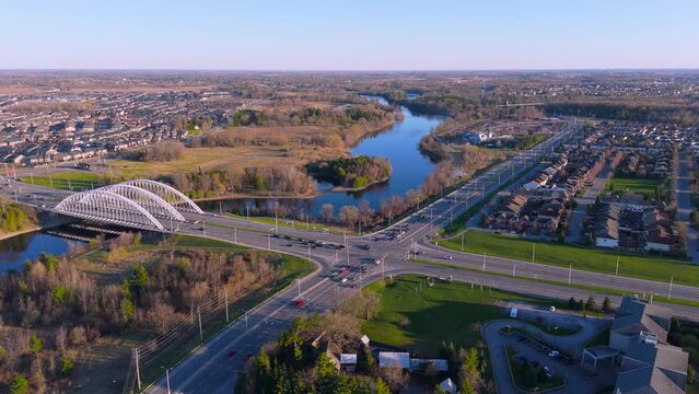 Aerial view of Vimy Memorial Bridge crosses the Rideau River in Ottawa, Ontario, Canada